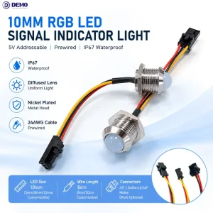10mm Diffused Lens Nickel Plated Metal Head IP67 5V Prewired Full Color 24AWG Cable F10 RGB LED Signal Indicator Light
