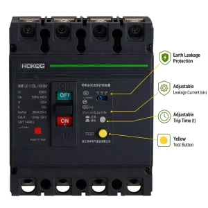 125A 3P ELCB MCCB Molded Case Circuit Breaker with Residual Current Device Earth Leakage Protection AC 400V 25kA CE Certified