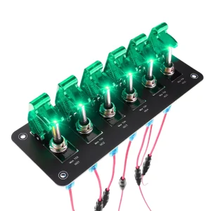 12V 24V 6 Gang Rocker Switch Panel Green LED Illuminated Flip Cover 10A Fuse Car RV Marine Boat Power Control Switch