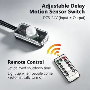 12V24V Compatible Mini Infrared Human Body Detect Switch Remote Control Setting with Optional Delay off Time of 30s/50s/60s/80s