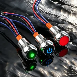 12mm IP65 IP67 Waterproof Metal Push Button Switch 1NO 7A Momentary Latching LED Power Symbol Pre Wired Industrial Panel Mount