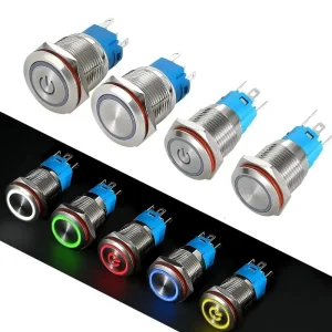 12mm IP65 LED Metal Push Button Switch With 1NO Solder Terminals And Optional Plug In Wire Harness For Control Panel