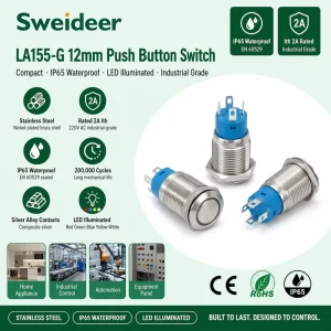 12mm Metal Push Button Switch 12V 24V 110V 220V IP65 Stainless Steel LED CE RoHS for Industrial Control Panel