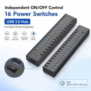 16 Port USB 3.0 Hub with 16 Individual Switches 12V 7.5A Power Adapter ABS Case 12-Month Warranty for PC