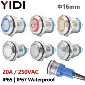 16mm 20A Large Current Metal Push Button Switch IP65 IP67 Waterproof 1NO 2 4 Pins Momentary Latching Pushbutton with Ring LED
