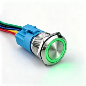16mm Latching Push Button 12V DC Stainless Steel LED Flat Head 1NO1NC IP65 Protection for 0.63″ Mounting Hole Wire Socket Plug