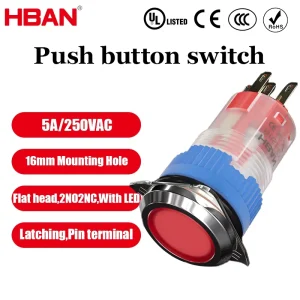 16mm Plastic Push Button Switch Full Illuminated LED IP67 Waterproof 1NO1NC 5A 12V Flat Head Mechanical Switch Industrial