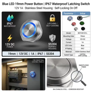 19mm Stainless Steel Blue LED Push Button Switch IP67 Waterproof 1A 12V 1NO Latching Power Supply Button for Industrial Control
