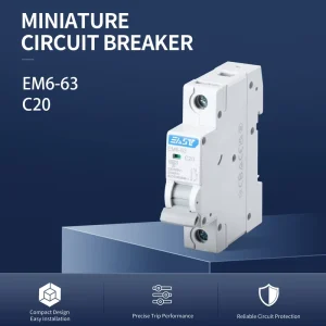 1P 20A 6kA 230/400V AC Miniature Circuit Breaker MCB for Home Commercial Light Industrial Distribution EM6-63 C20