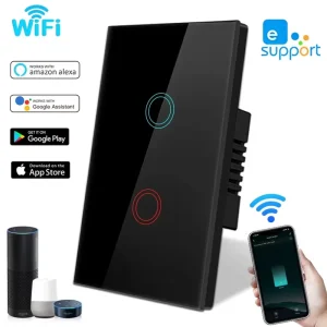 2 Gang 146 Type Wifi Smart Switch 20A Touch Button Glass Panel Light Switch Supports Google Home & Alexa Voice Control