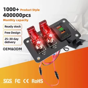 2 Gang Waterproof Toggle Switch Panel 12V 24V Dual QC3.0 18W USB Fast Charging Socket with Voltmeter for Car Marine