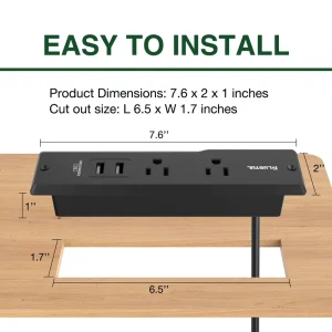 2 Outlets Desktop Recessed Power Strip 2 USB-A Ports 125V 15A Surge Protection ETL cETL for USA Standard