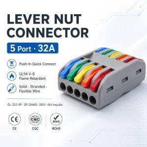 222 5 Lever Nut Wire Connector 5 Port Quick Connect Push in Splicing Terminal Block 32A 28 12AWG Compact