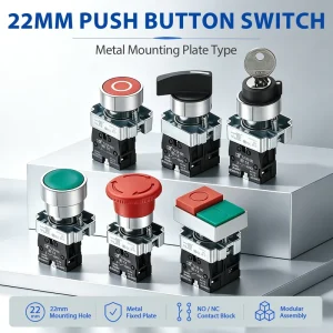 22mm 10A Momentary Push Button Switch with Metal Mounting Plate Emergency Stop Selector Pilot Light Industrial Control Button