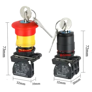 22mm Red Emergency Stop Switch with Key 2 Position 3 Way Plastic Selector Latching Panel Switches 1NO 1NO1NC 2NO