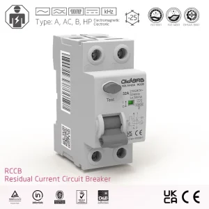 2P 32A RCCB 300mA 10kA Residual Current Circuit Breaker IEC61008 UKCA Type AC Industrial Household Electromagnetic Electronic CE