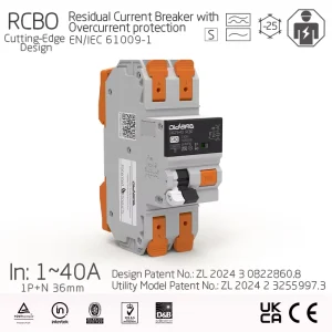 2P 36mm RCBO 40A Residual Current Circuit Breaker with Overcurrent Protection Copper & Plastic Industrial IEC EN61009-1 for CAS