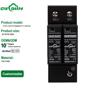 2P T1+T2 DC SPD 20kA 40kA 1500V Red Green LED CE IEC Replaceable for Solar Systems