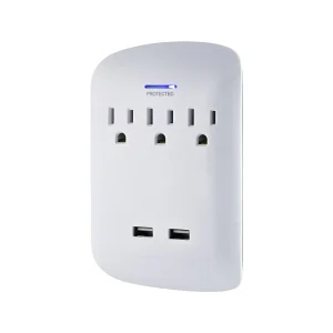 3 Outlet 15A 125V Surge Protector Tap 2 Charging PVC Space Saving Design Protection Indicator LED Light Sleek Gray White Finish
