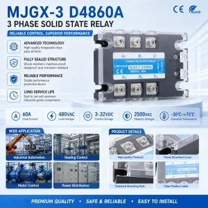 3 Phase 60A DC to AC Solid State Relay SSR Input 3 32VDC Output 480VAC for Industrial Automation Equipment