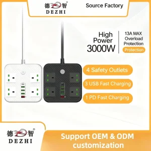 3000W 3 Ports USB Power Strip 4 Outlet Extension Socket with Overload Protection for Home Office