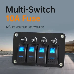 4 Gang Rocker Switch Panel 12V 24V Waterproof Marine Boat Switch Panel with Blue LED Indicator 10A Fuse for Car RV Yacht Truck