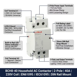 4 Pole AC Contactor 20A 25A 40A 63A Household Modular Contactor for Din Rail Mounting