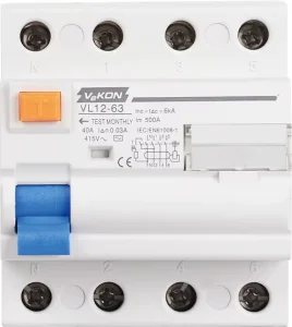 4P 40A Residual Current Circuit Breaker (RCD) VL12 63 30mA IEC 6 KA Breaking Capacity BCD Curve C Industrial 50Hz