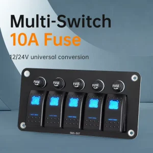 5 Gang 5 Pin Rocker Switch Panel 12V 24V Waterproof LED Toggle Switch with 10A Independent Fuse for Marine Boat RV Yacht Truck