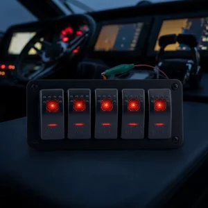 5 Gang Rocker Switch Panel Red LED Backlight Pre-wired Cable 12V 24V Plastic Dash Mount Toggle Switch for RV CamperBoat Truck