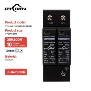 500 600 760 850 1000 1200VDC 2P T1+T2 PV Surge Protective Device 40kA DC Lightning Protection CE