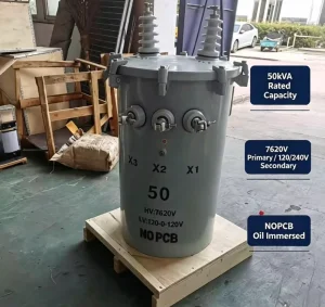 50kVA ANSI Single Phase Pole Mounted Oil Immersed Transformer 7620V to 120/240V for Farm Power Distribution