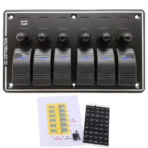 6 Gang Marine Waterproof Rocker Switch Panel with Thermal Breakers Overload Protector 12V DC Boat RV Lighted Toggle Switch Board