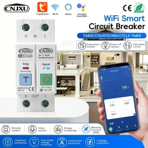 63A 2P Tuya MCB WiFi Smart Circuit Breaker Metering Voltage Current Leakage Protect Relay L+N Cut Off Prepaid Timer Temp Remote
