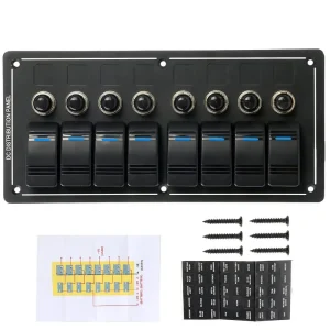 8 Gang Marine Rocker Switch Panel with Breaker Overload Protector 12V 24V Boat Waterproof Toggle Switch Dashboard for RV Truck