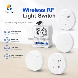 AC 110V 220V 10A RF 433MHz Wireless Light Switch Remote Control Relay Receiver Mini Round Button Wall Switch 50m Range LED Lamp