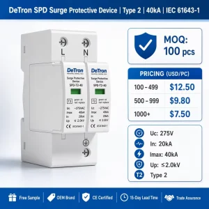 AC SPD Surge Protective Device Type 1/2/T2 1P+N 2P 4P 20kA 40kA 60kA Lightning Protection Solar System PBT IEC61643-1 CE for