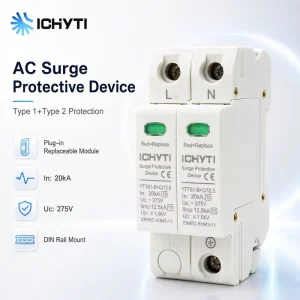 AC Surge Protective Device Type 1+2 SPD 2P 275V Iimp 12.5kA in 20kA EN IEC 61643 11 DIN Rail Surge Arrester for Distribution Box