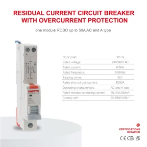 AC Type RCBO 30mA 100mA 300mA Type a RCBO 1P+N 6kA 6A to 50A Circuit Breaker with Overload Protection