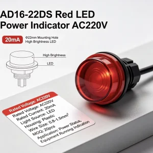 AD16-22DS Red LED Power Indicator Light AC220V IP40 22mm Mounting Hole 20mA for Distribution Box 50000 Hours Lifespan
