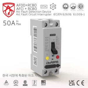 AFCI AFDD RCBO 2P 50A 220V Copper 6kA Breaking Capacity ELCB Earth Leakage Circuit Breaker CE UKCA Industrial Application