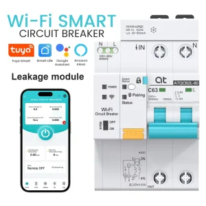AT TUYA WIFI Smart Circuit Breaker 4P 1 63a Adjustable Din Rail Rcbo Timer Wireless Remote Control with Leakage Protection