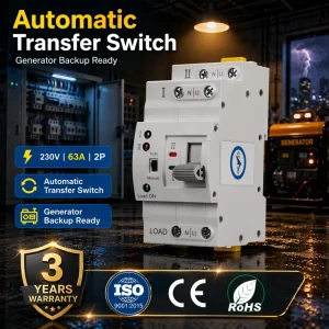 Automatic Transfer Switch 230V 63A 2P Dual Power ATS Millisecond-Level Transfer Time DIN Rail for Generator Backup