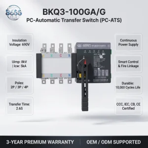 Automatic Transfer Switch Single Phase BKQ3-100GA/G 100A 2/3/4P 690V Continuous Dual Power Changeover Switch Fire Linkage CCC CE