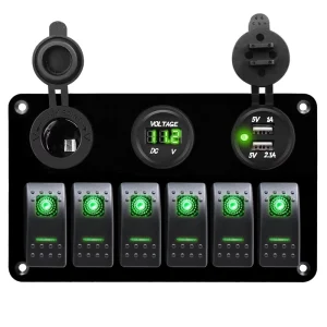 Blue LED Lighted Toggle Switch Panel 12V 24V Boat 6 Gang Marine Rocker Switch Panel Waterproof 12 Volt for Boat Car RV UTV