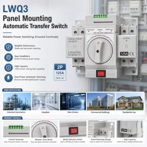 CB Class Dual Power Automatic Transfer Switch 63A 2P AC230V ATS Switch for Power Distribution Cabinet Backup Power Switching