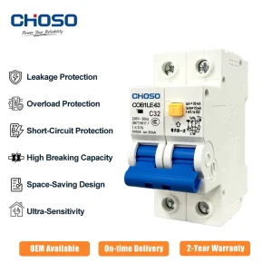 CHOSO Compact Earth Leakage Overload Short Circuit Protection Residual Current Circuit Breaker (RCCB RCBO MCB) GFCI 2P63A 10A