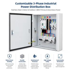 Customizable 3 Phase Industrial Power Distribution Box Stainless Steel Equipment Indoor Outdoor 380V Primary Secondary Power