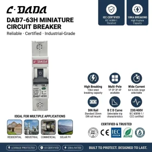 DAB7-63 Miniature Circuit Breaker 1P 2P 3P 4P 6kA 10kA 6-63A Overload Protection High Breaking Capacity