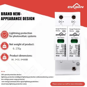 DC 2P 1000V Solar PV Surge Protector T1 T2 Lightning SPD Arrester Copper for Photovoltaic System Overvoltage Protection